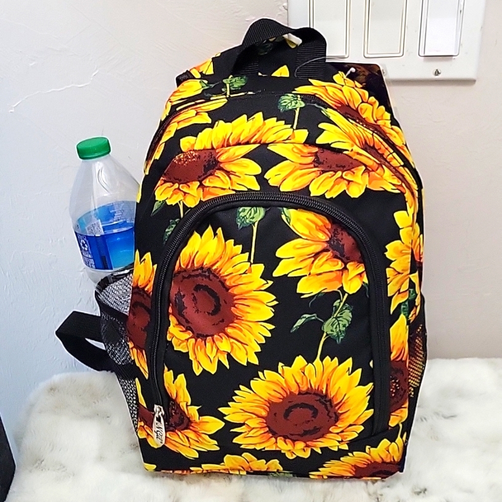 NEW, Sunflowers canvas backpack. Two side pockets.